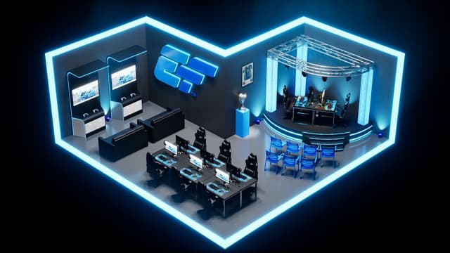 3D design render of a planned gaming venue with play stations, a stage, and a lounge